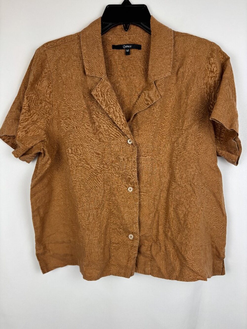 Medium Quince 100% European Linen Button Up Short Sleeve Shirt Collared Neck Top